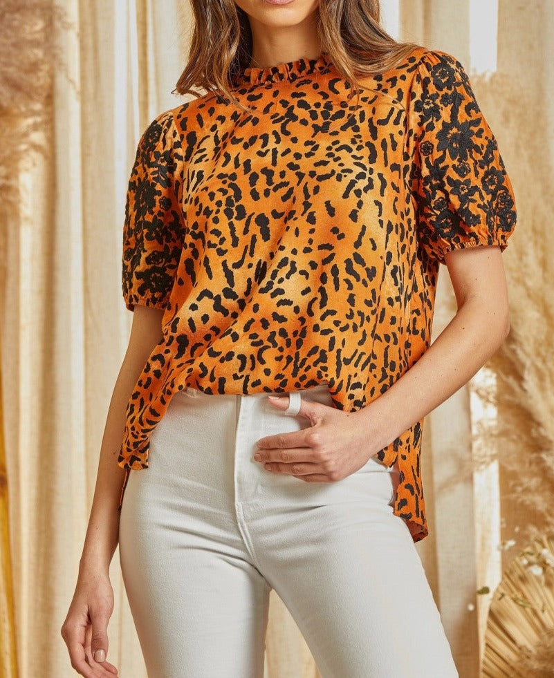 Animal Print Top With Embroidered Sleeves