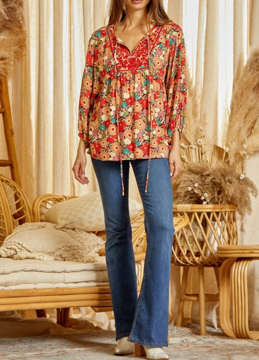 Floral Fall Top With Embroidery