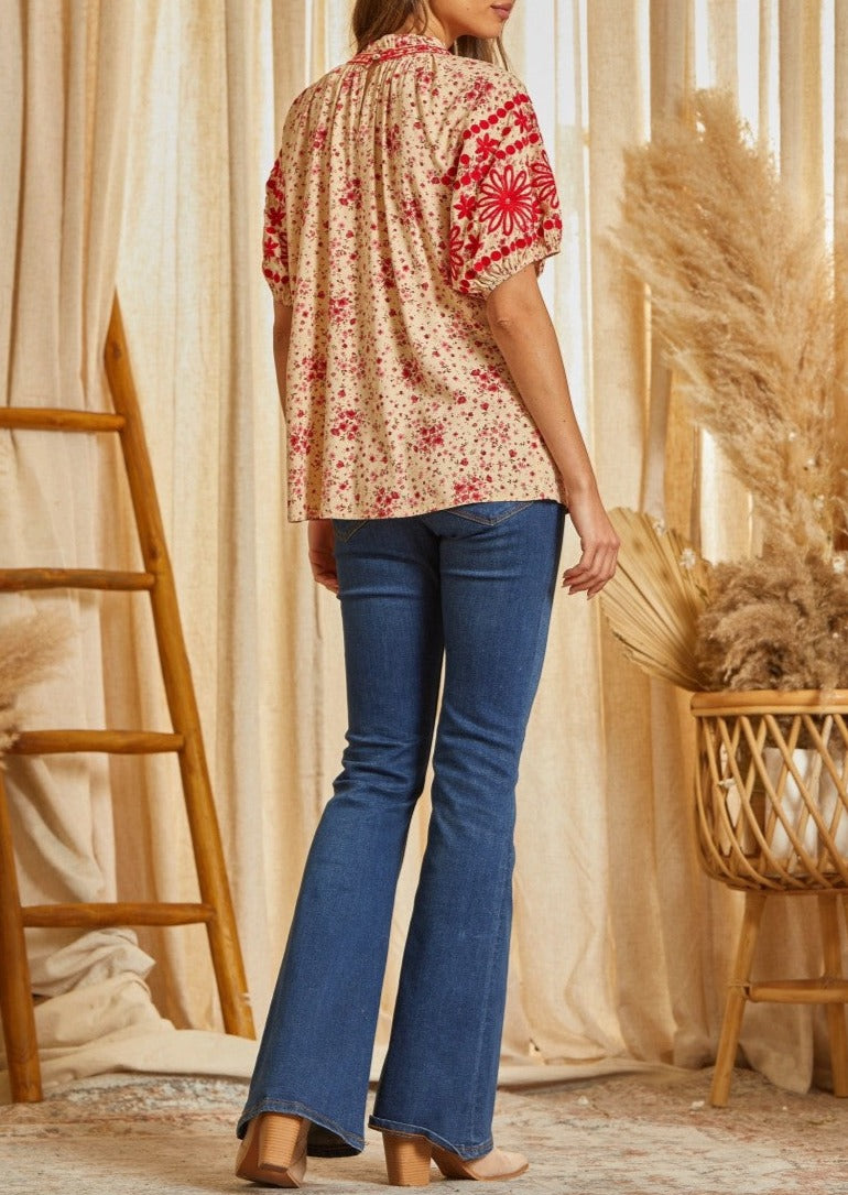 Fall Floral Top With Embroidery - Brazos Avenue Market 