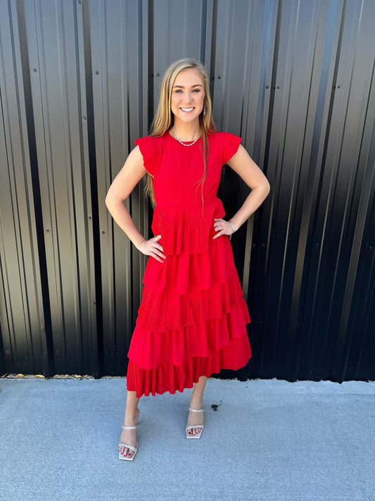 Red Pleated Midi Dress - Brazos Avenue Market 
