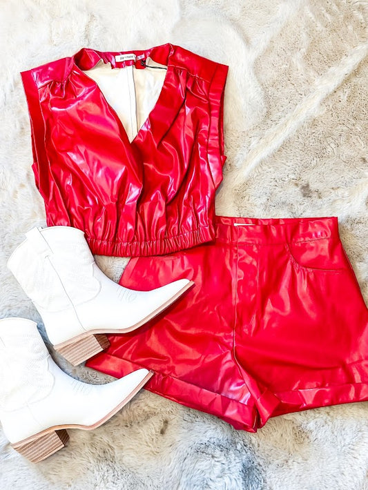 Red Faux Leather Shorts
