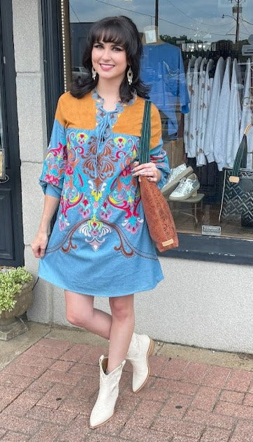 Denim Dress With Colorful Embroidery - Brazos Avenue Market 