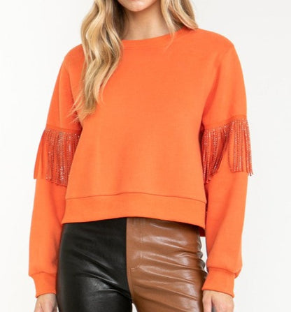 Long Sleeve Sweater With Embellished Fringe - Burnt Orange