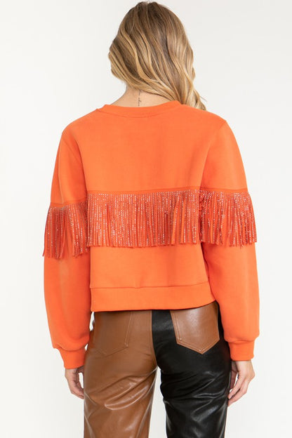 Long Sleeve Sweater With Embellished Fringe - Burnt Orange