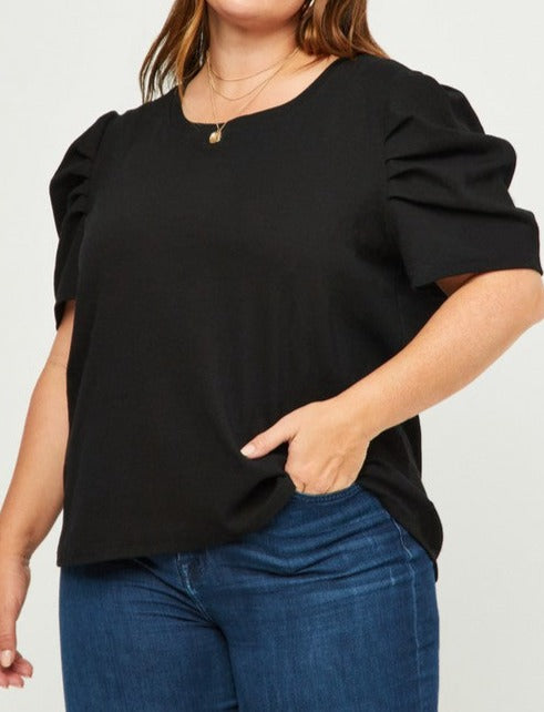 Plus Ribbed Pleated Shoulder Puff Sleeve Top