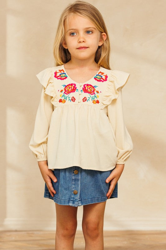 Floral Embroidery Solid Woven Blouse - Brazos Avenue Market 