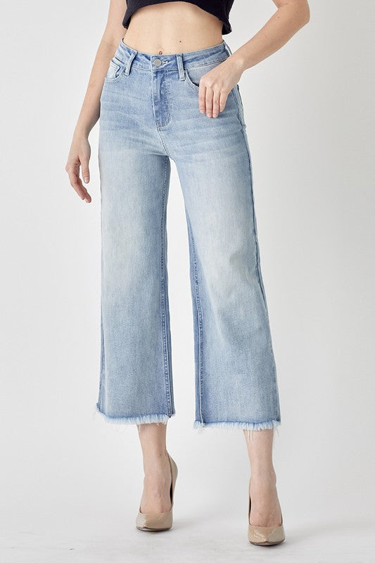 High Waisted Frayed Ankle Wide Jeans