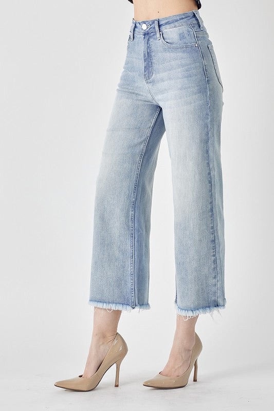 High Waisted Frayed Ankle Wide Jeans - Brazos Avenue Market 