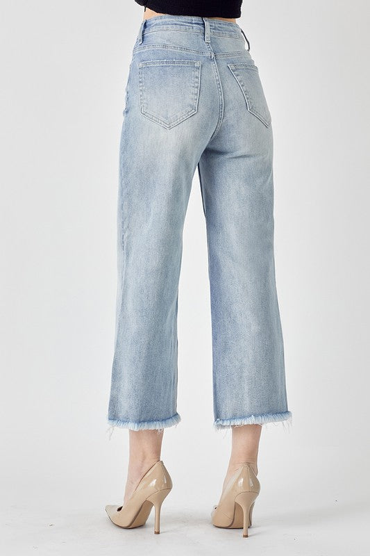 High Waisted Frayed Ankle Wide Jeans