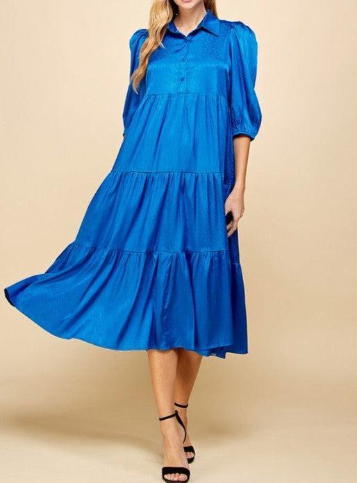 Royal Blue Collared Midi Shirt Dress