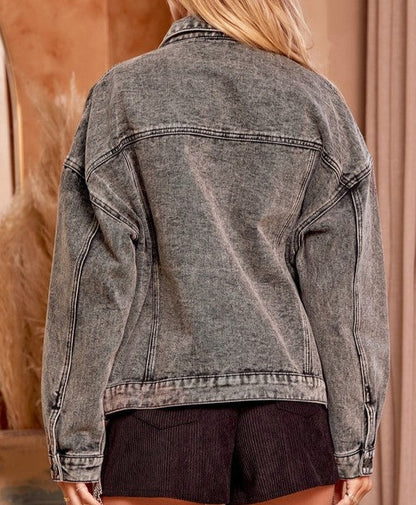 Charcoal Denim Jacket with Rhinstone Detail
