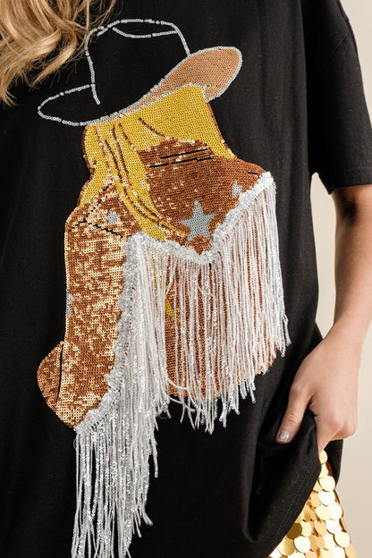 Sequin Cow Girl Fringe Graphic T Shirt