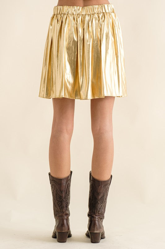Gold Foil Metallic Elastic Waist Mini Skirt