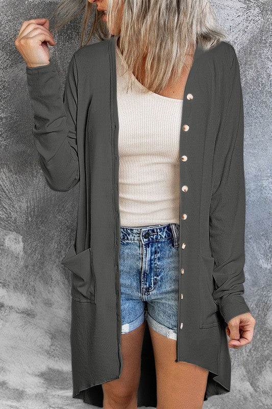 Solid Button Down Pocketed High Long Cardigan