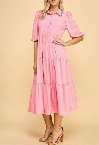 Pink Collared Midi Shirt Dress