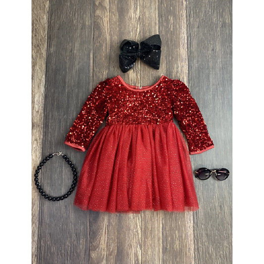 Sparkly Red Long Sleeve Tulle Dress