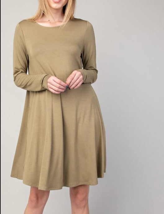 Olive Bamboo Knit Long Sleeve Pocket Knit Dress