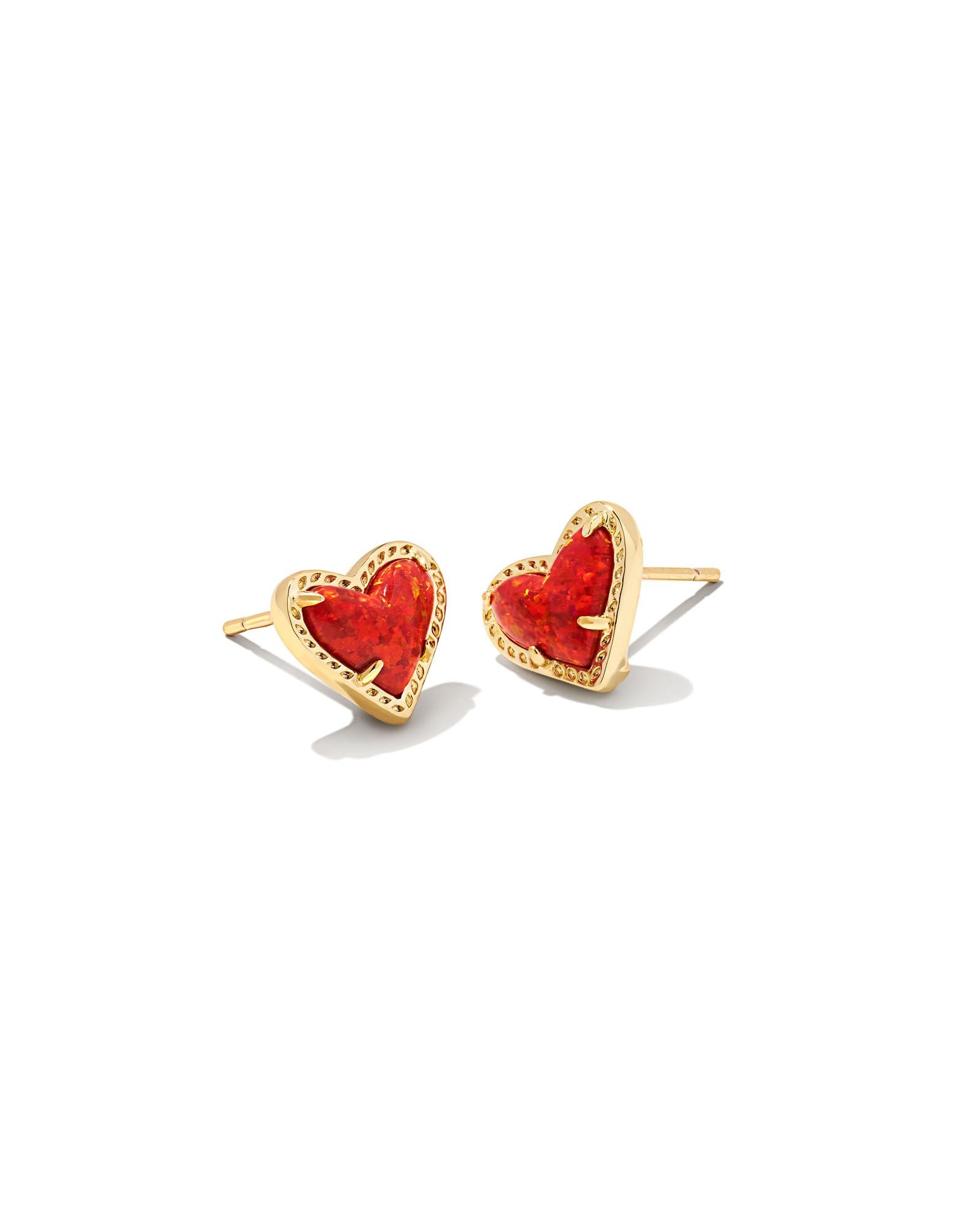 Ari Heart Gold Stud Earrings-Red Kyocera Opal - Brazos Avenue Market 