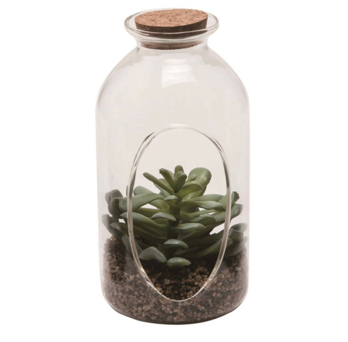 Glass 6 in. Green Cork Top Faux Succulent Bottle Display