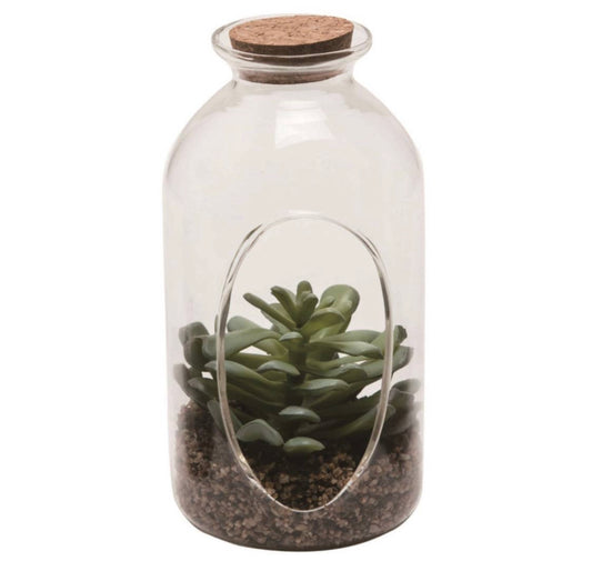 Glass 6 in. Green Cork Top Faux Succulent Bottle Display - Brazos Avenue Market 
