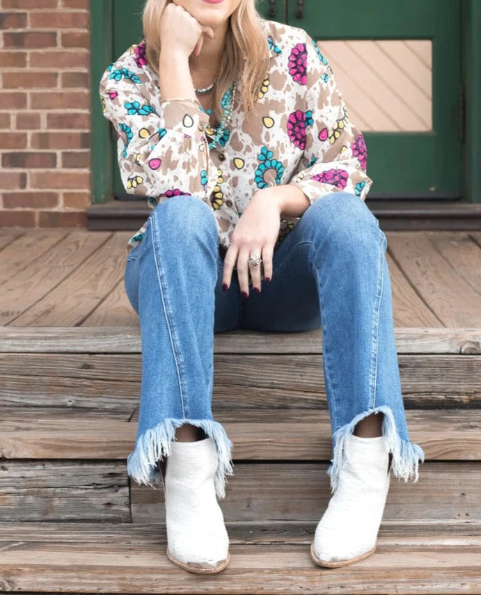 RODEO QUEEN COW PRINT BUTTON DOWN