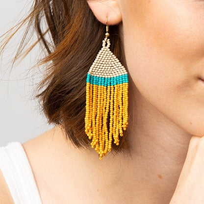 Yellow Turquoise + Ivory Stripe Fringe Earrings